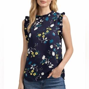 Halogen Dark Blue White Yellow Floral Mock neck Sleeveless Blouse Casual Tops M